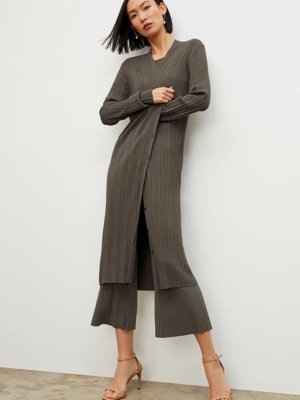 M.M Lafleur Molly Long Button-Front Cardigan Textured Knit